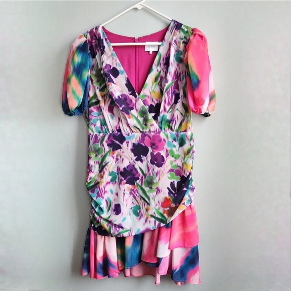 One33 Social Ruched Floral Print Crepe de Chine Dress Size 12 - Picture 3 of 12